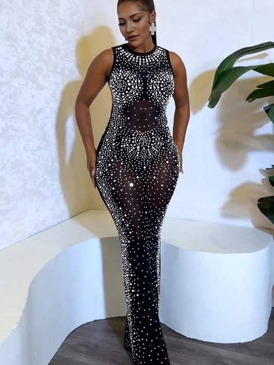 rhinestones mesh maxi dress for wholesale by Queen Fashion