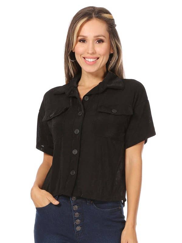Short Sleeve Top with Front Pockets and Buttons for wholesale by VIBE Apparel Co
