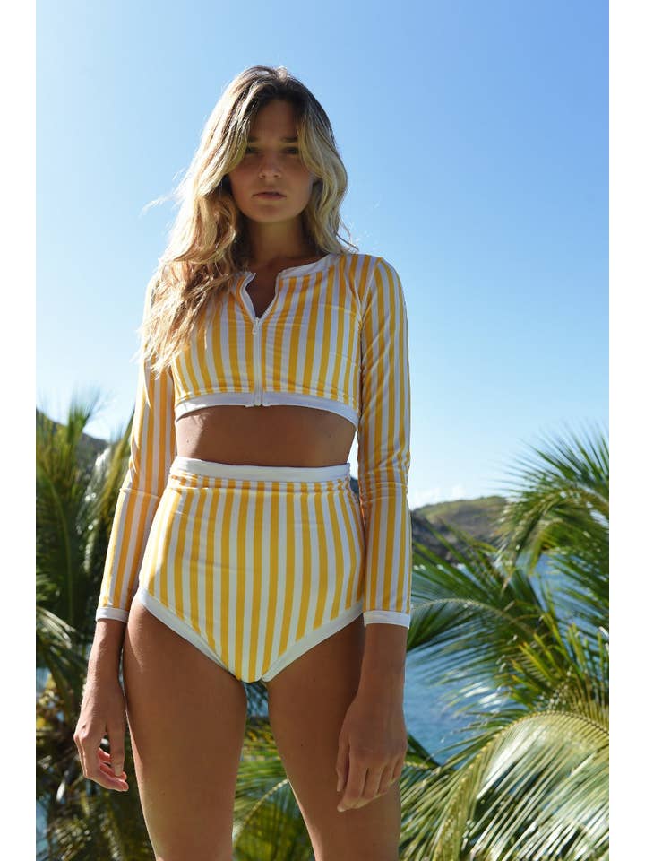 Juillet Juillet - Wholesale Rashguard - Women’s - Giulia Yellow/White Stripe UPF 50+ Long Sleeve Crop Top