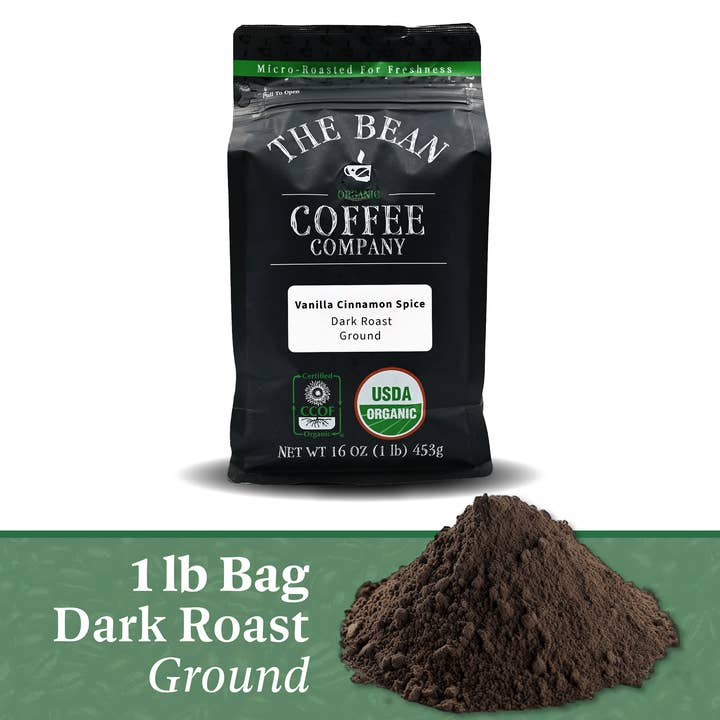The Bean Coffee Company - Wholesale Ground Coffee - DECAF Organic Holiday Bean ~ Vanilla Cinnamon Spice Flavored Coffee