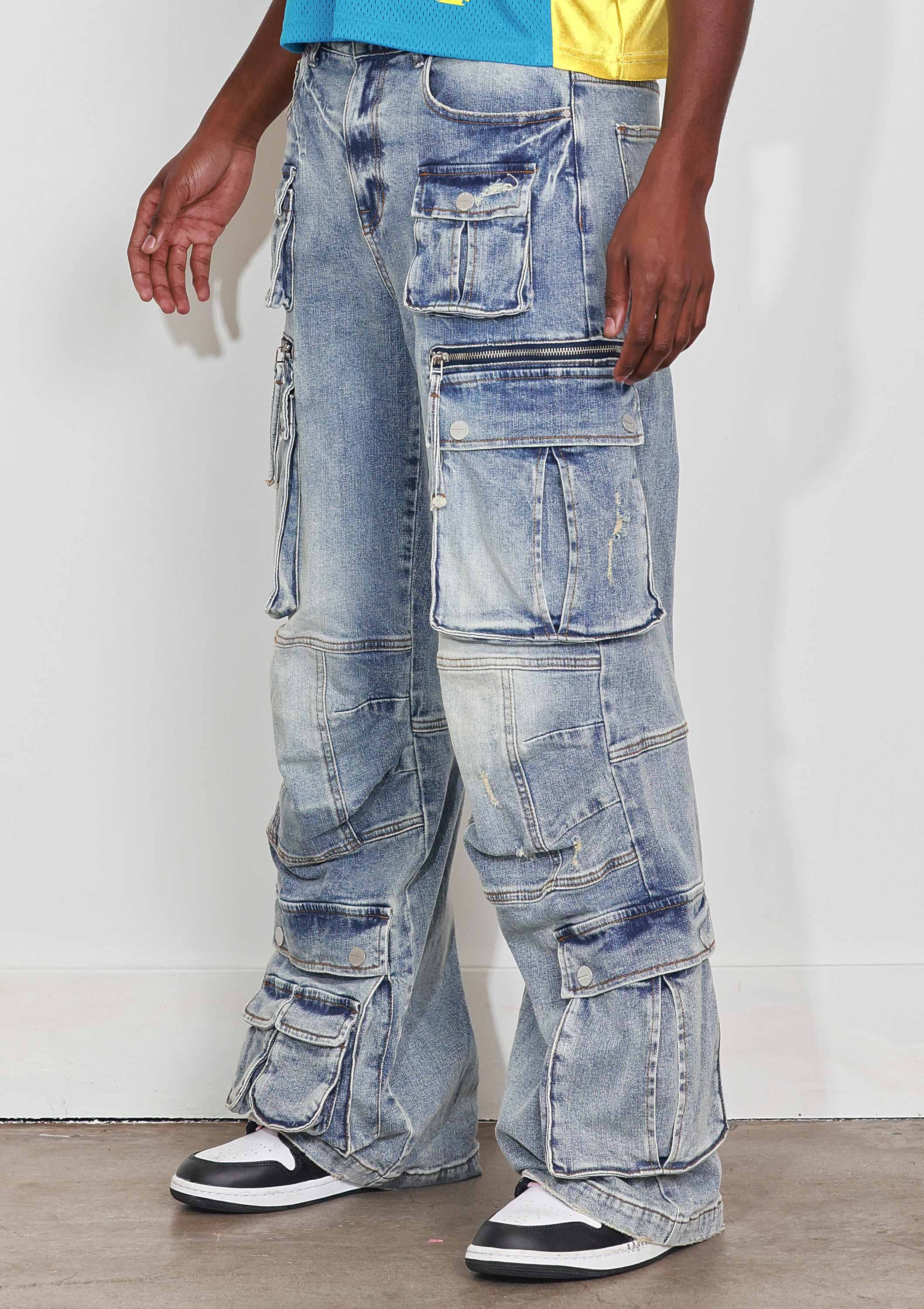 Light Stone Tint WASHED MULTI CARGO DENIM Y2K PANTS for wholesale on Faire2