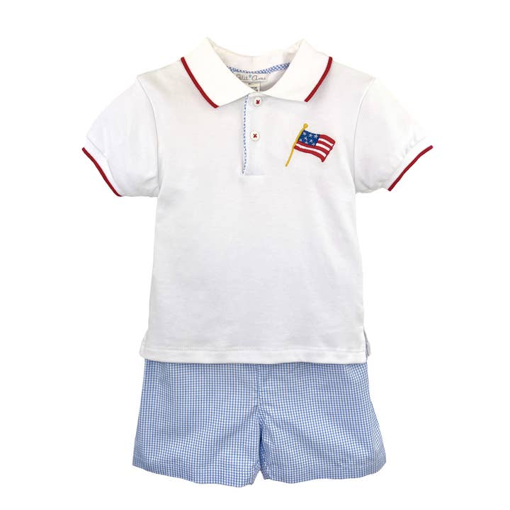 Shirt & Shorts Set with Embroidered American Flag for wholesale by Petit Ami & Zubels