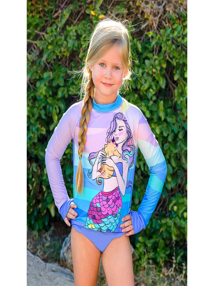 Mia Belle Girls Printed Long Sleeve Rash Guard Top Andamp; Side Ruffle  Bottom Two Piece Rash Guard Swimsuit