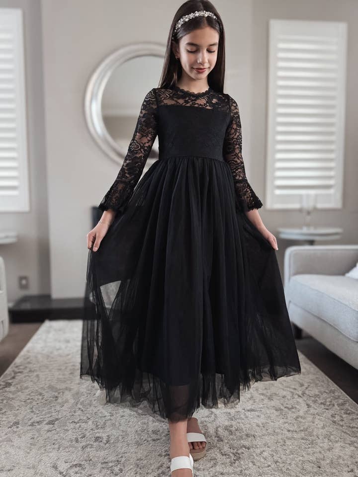 Melody Long Sleeve Girls Black Dress for wholesale by A Little Lacey