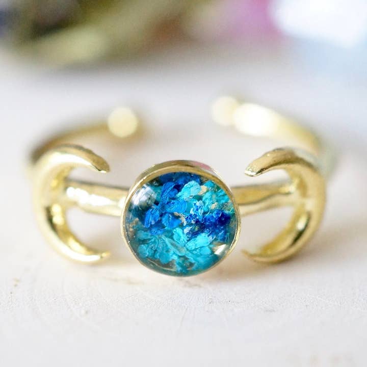 Ann + Joy - Wholesale Cocktail/Statement Ring - Real Pressed Flower and Resin Ring, Gold Moons in Blue and Teal0