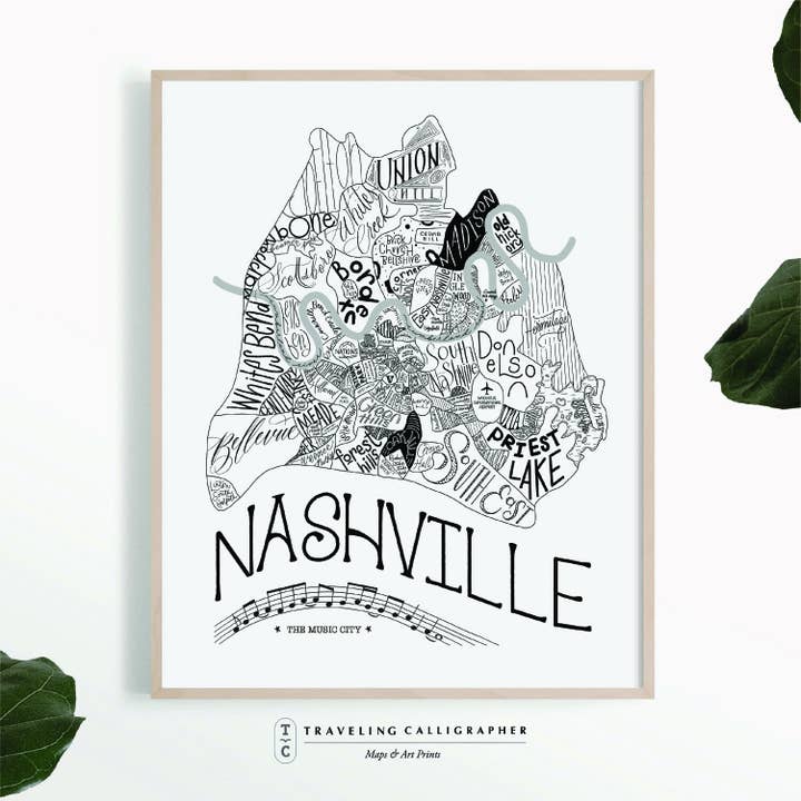 Nashville, TN Neighborhood Map Print (3 sizes available) for wholesale by Traveling Calligrapher