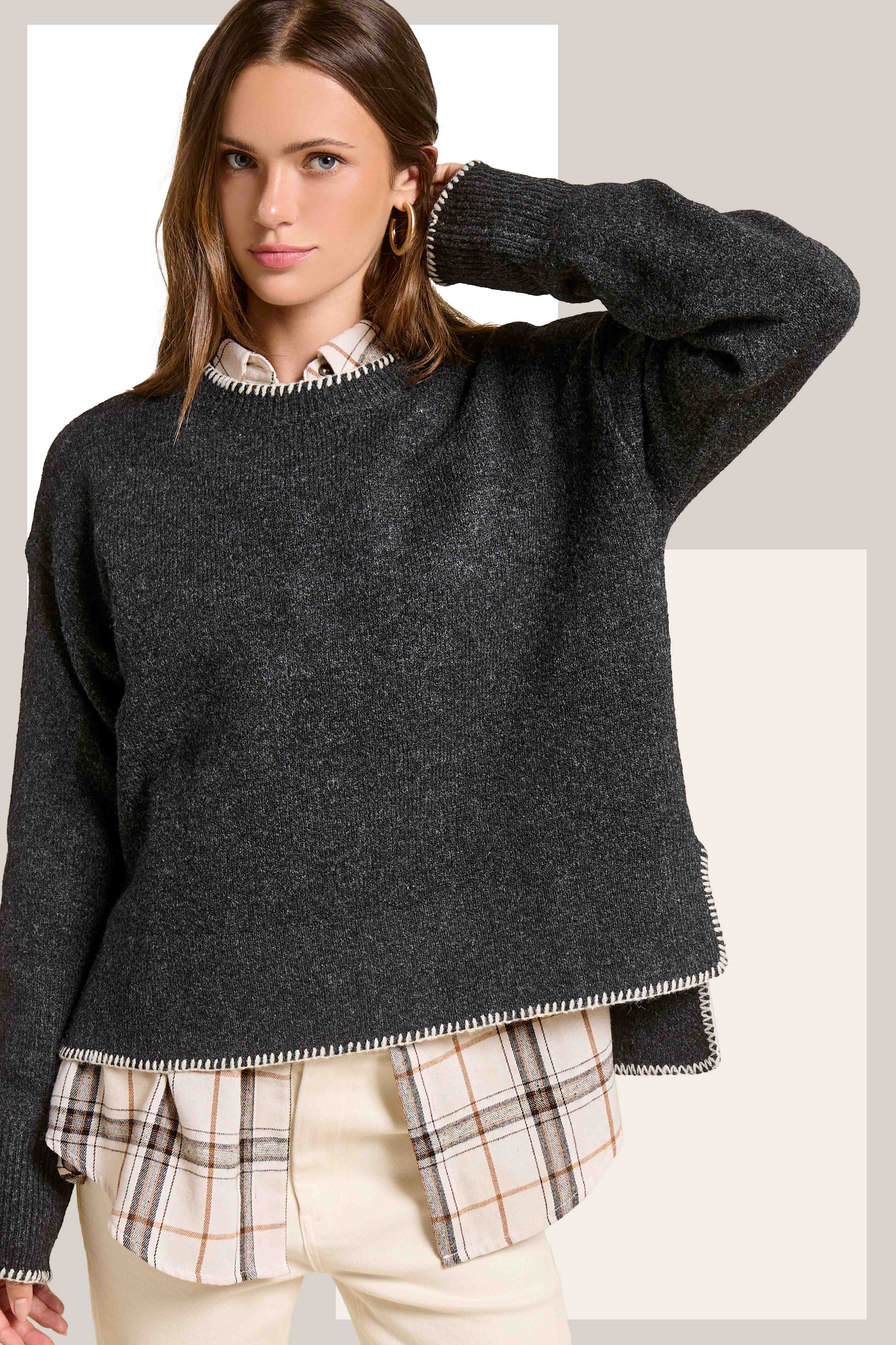 La Miel - Wholesale Knit Sweater - Women's - JDS3607-Hi-Low Crew Neck Sweater W/ Contrast Blanket Stitch2