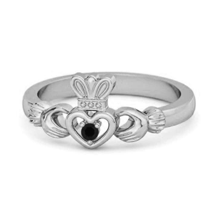 Black Spinel Round Claddagh Heart & Crown Symbolic Ring - Sterling Silver for wholesale by Star Joya