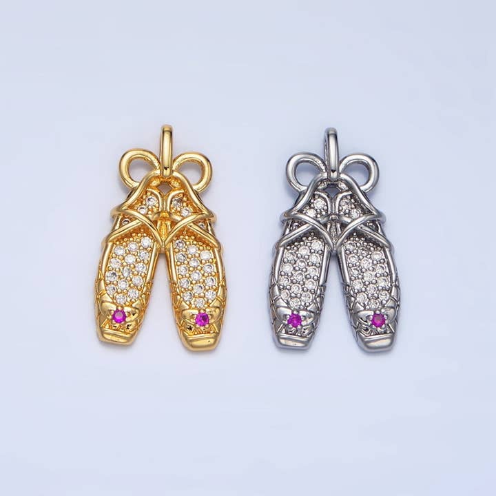 24K Gold Filled Ribbon Ballet Dancing Shoes Micro Paved CZ Pendant in Gold & Silver | AA119 for wholesale by Aim Eternal