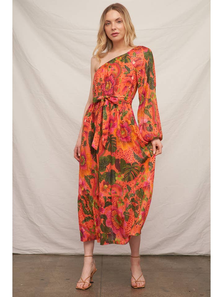 Orange Multi Robe à une épaule à imprimé tropical avec lurex en vente sur Faire1