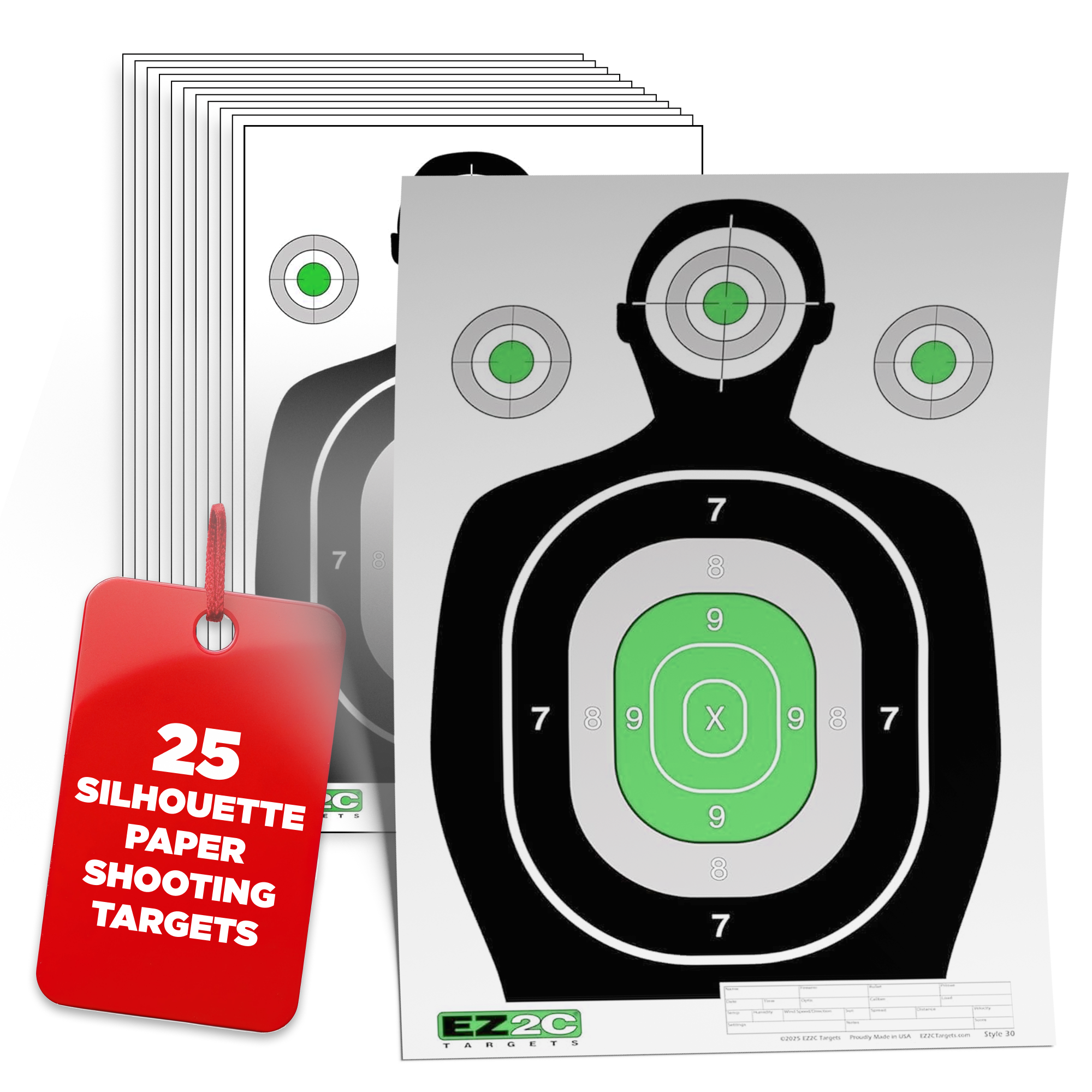 EZ2C Targets - Vente Accessoires de sport - Cible de tir silhouette verte EZ2C 12"x18", cibles en papier de qualité supérieure pour stand de tir, cadeaux pour armes à feu fabriqués aux États-Unis.0