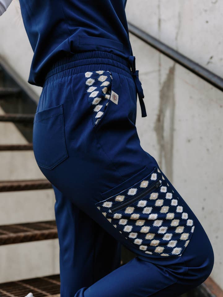 Navy Aztec Jogger Pants for wholesale by Spurrin' Scrubs
