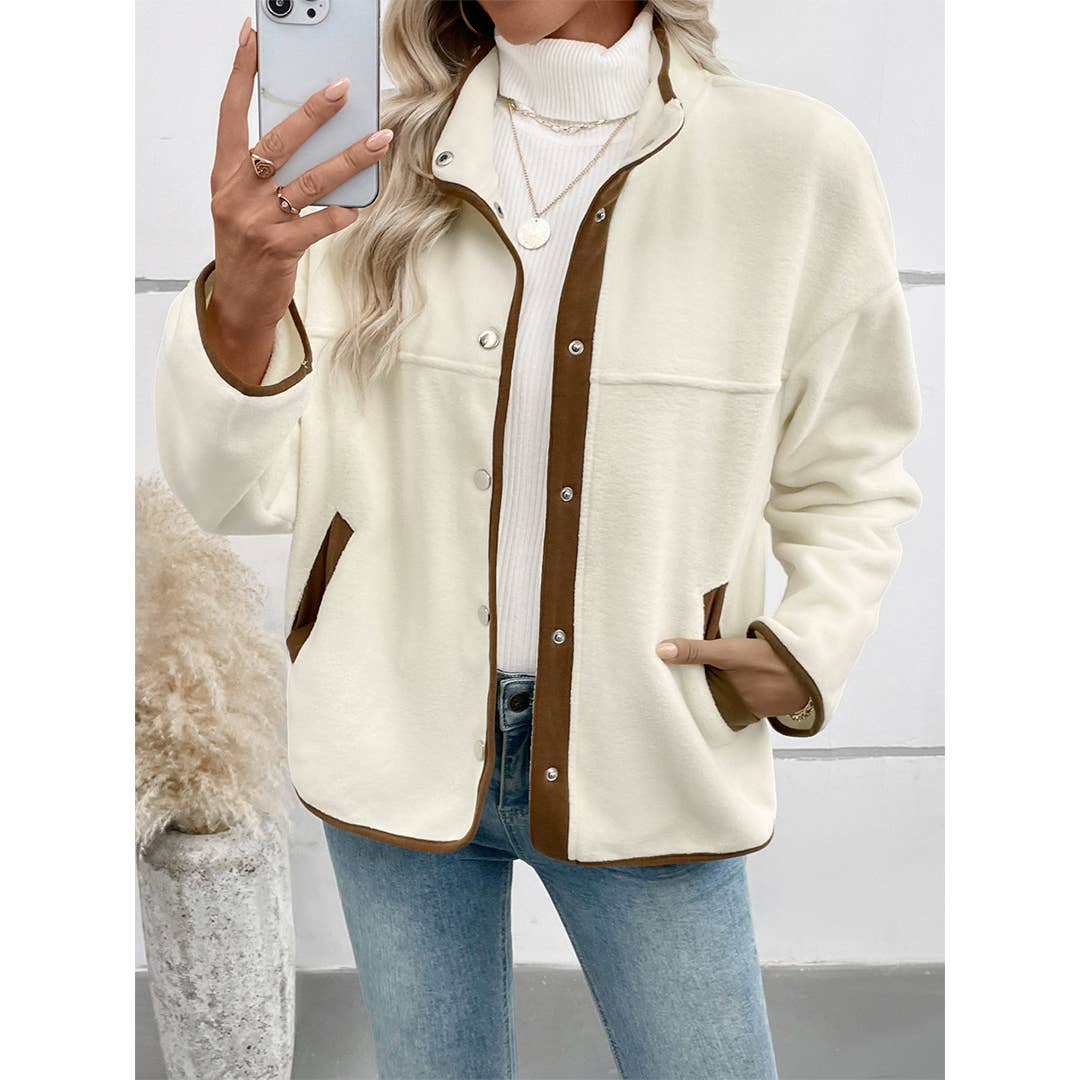 Apricot Retro Style Stand Collar Colorblock Fleece Jacket BFZY1712 for wholesale on Faire