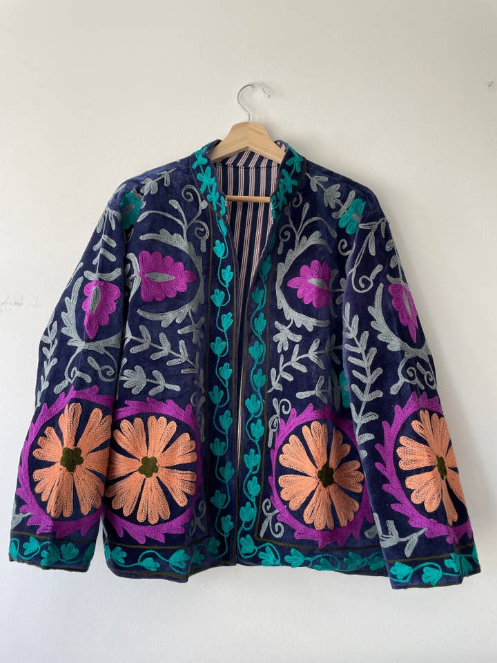 handmade Velvet Suzani embroidery jacket for wholesale by Artofakind