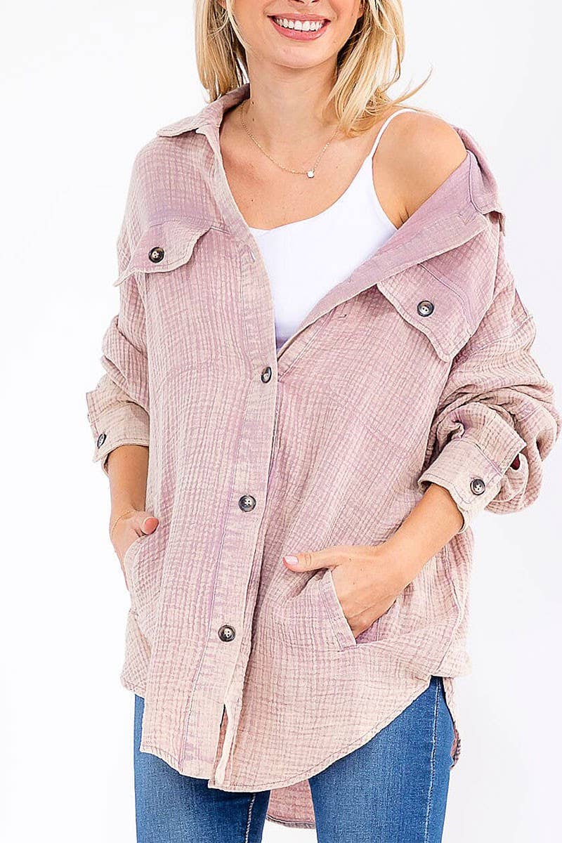 ROUSSEAU - Wholesale Button Down Shirt - Women's - BUTTON UP FRONT POCKETS WASHED OVERSIZED SHIRT3