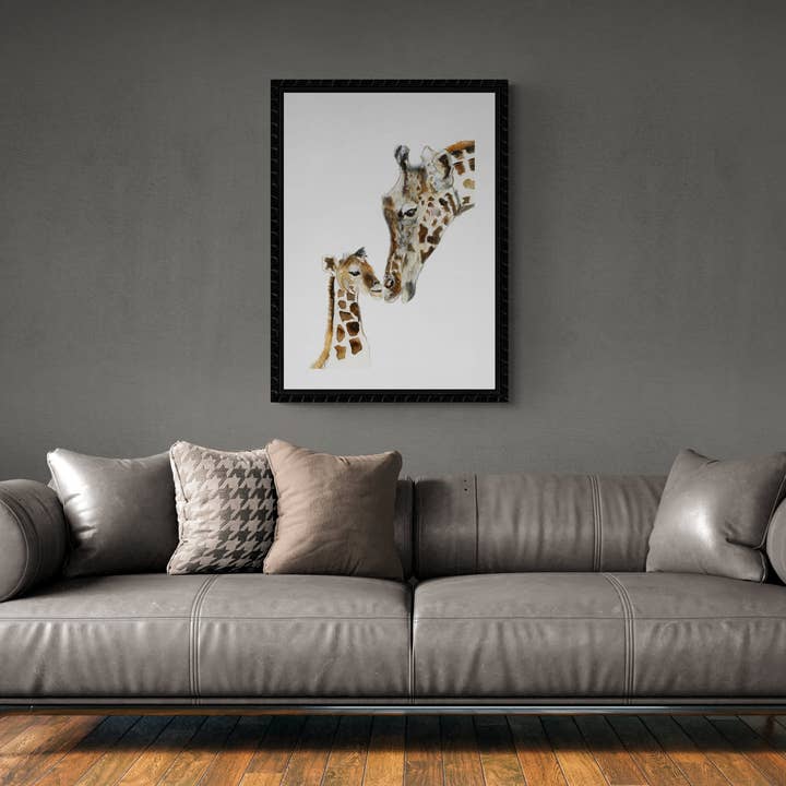 Framed Print Lara & Baby Jerry the Giraffes for wholesale by Wendy Laverick