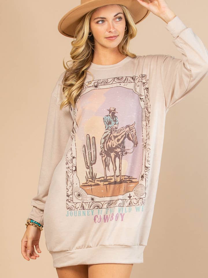 AV1241-CHARLIZE WESTERN COWBOY GRAPHIC SWEATSHIRT DRESS for wholesale by Avery