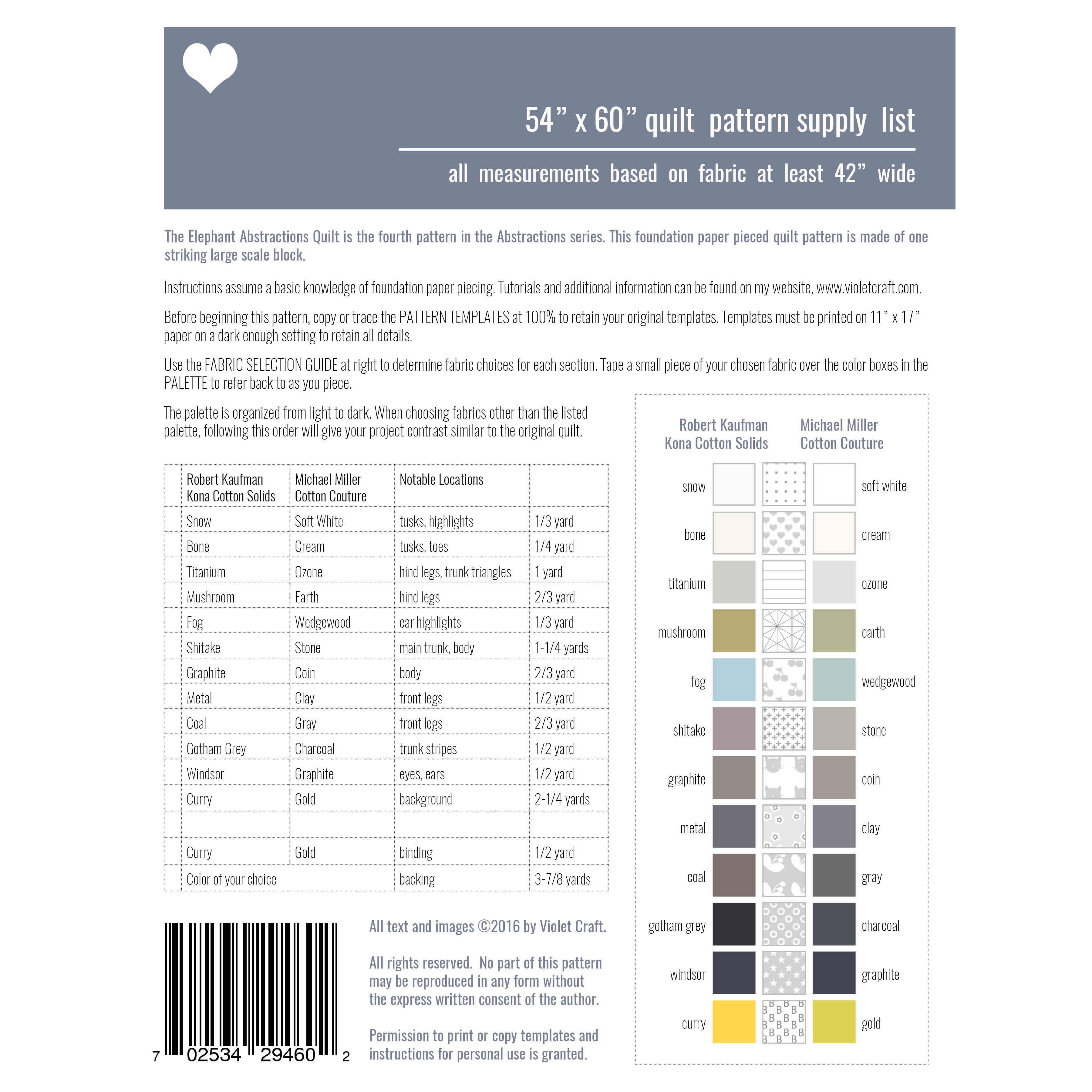 Violet Craft - Vente Kits de couture - VC010 : Patron de courtepointe d'éléphant Abstractions1