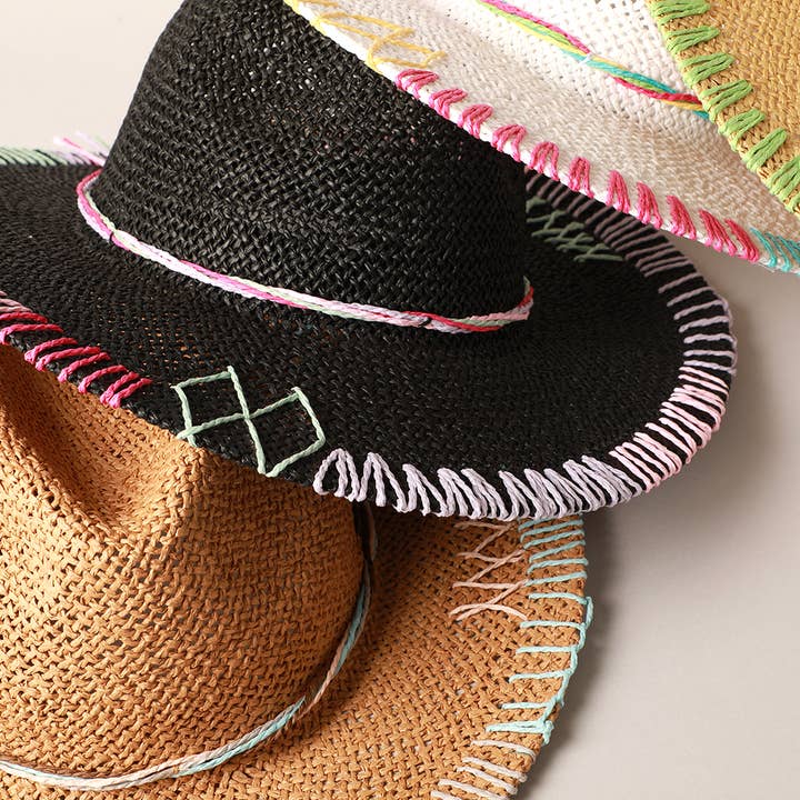 Fashion City - Wholesale Straw Hat - Women's - Multi-Colored Stitched Brim Panama Hat
