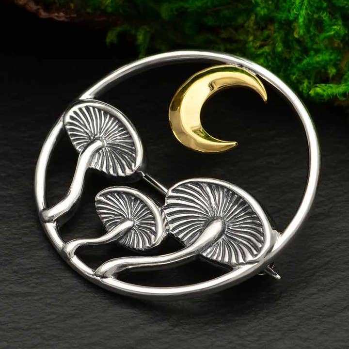 Sterling Silver Mushroom Brooch with Bronze Moon for wholesale by Nina Designs