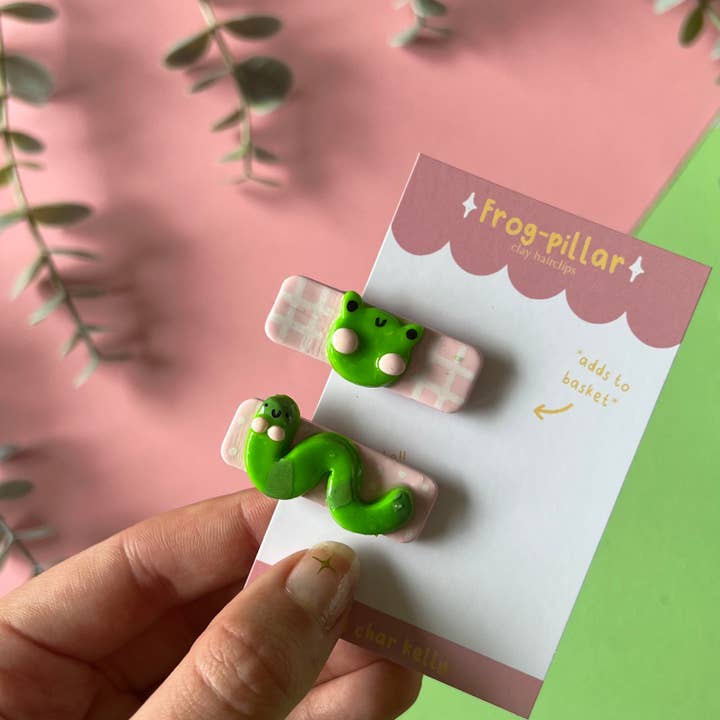 Cute Froggie Caterpillar Polymer Clay Hair Clips for wholesale by Kelly Creates
