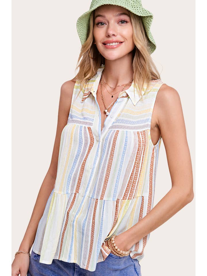 La Miel - Wholesale Blouse - Women's - SRT7466-Lightweight Multi-color Shirt Sleeveless Top