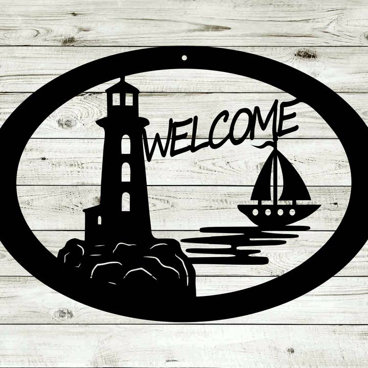 Lighthouse Sailboat Metal Steel Oval Welcome Sign for wholesale by SherFab Industries, LLC.