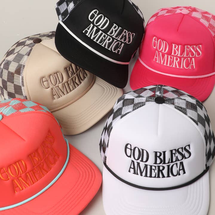 GOD BLESS AMERICA Checker Pattern Foam Mesh Back Trucker Hat for wholesale by Fashion City