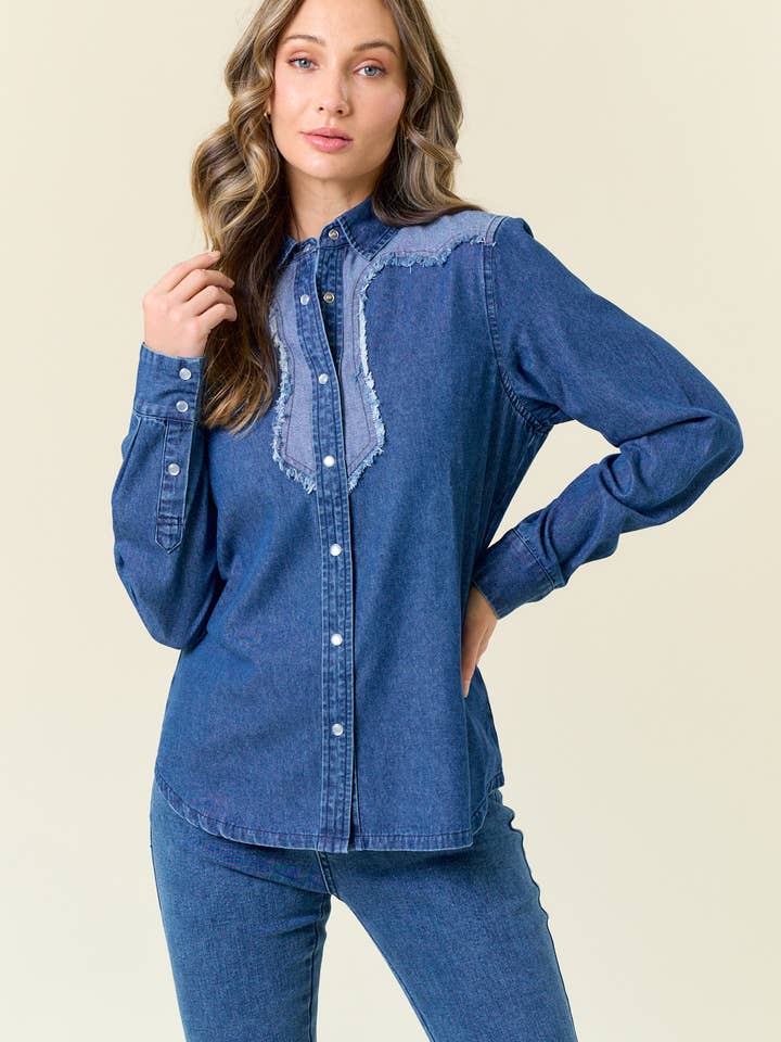 Saints & Hearts - Wholesale Buttoned-down shirt – Women's - SIT3946A TWO TONE WESTERN MEDIUM WASH DENM SHIRTS