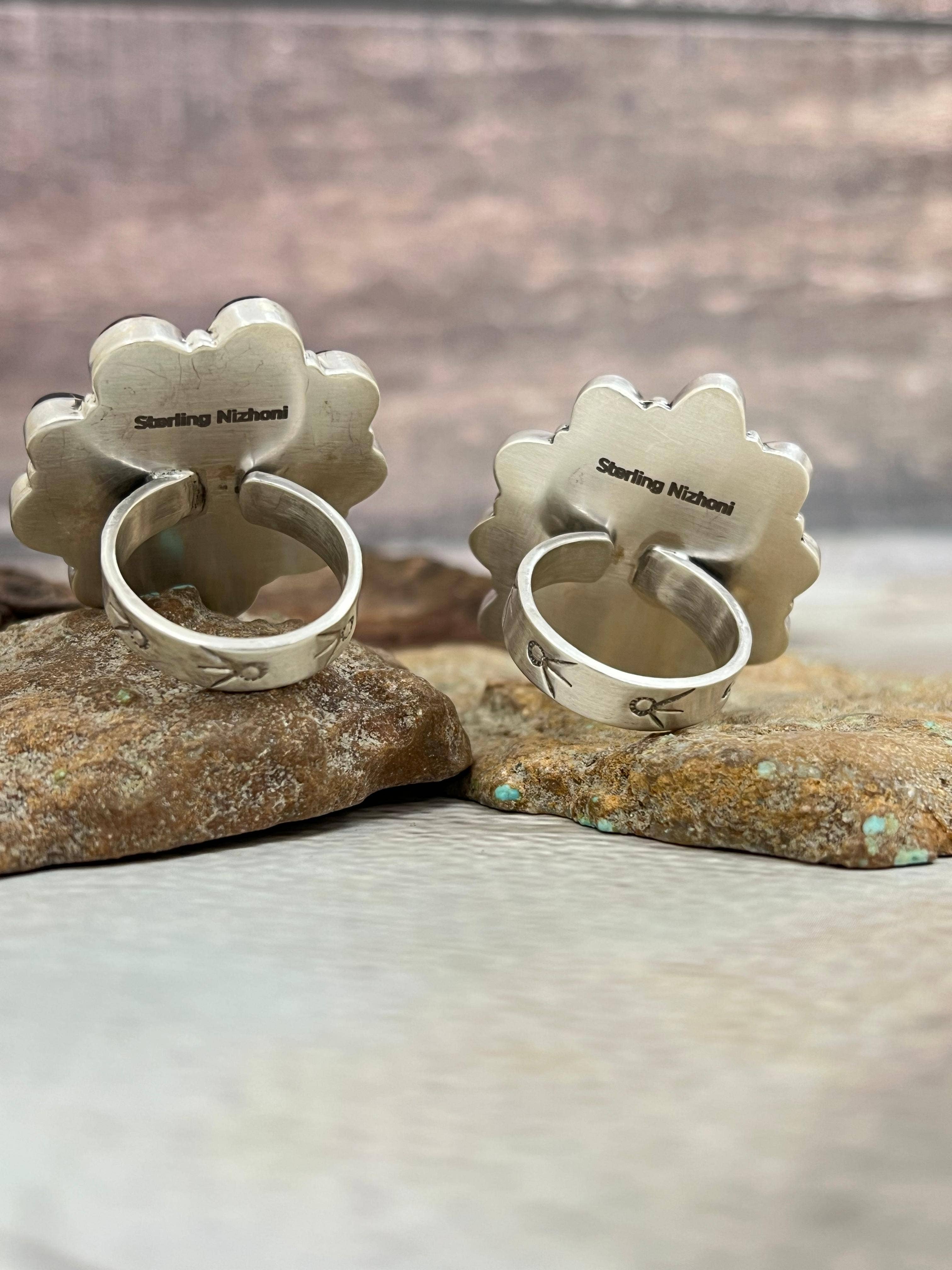 Nizhonitradersllc - Wholesale Cocktail/Statement Ring - Handmade Sterling Silver Blackjack Turquoise Adjustable Ring Signed Nizhoni3