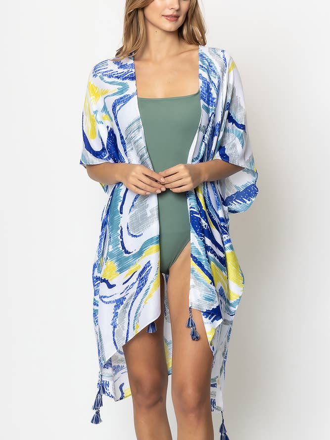 Kimono estivo con nappine con stampa astratta per la vendita all'ingrosso da parte di Hana