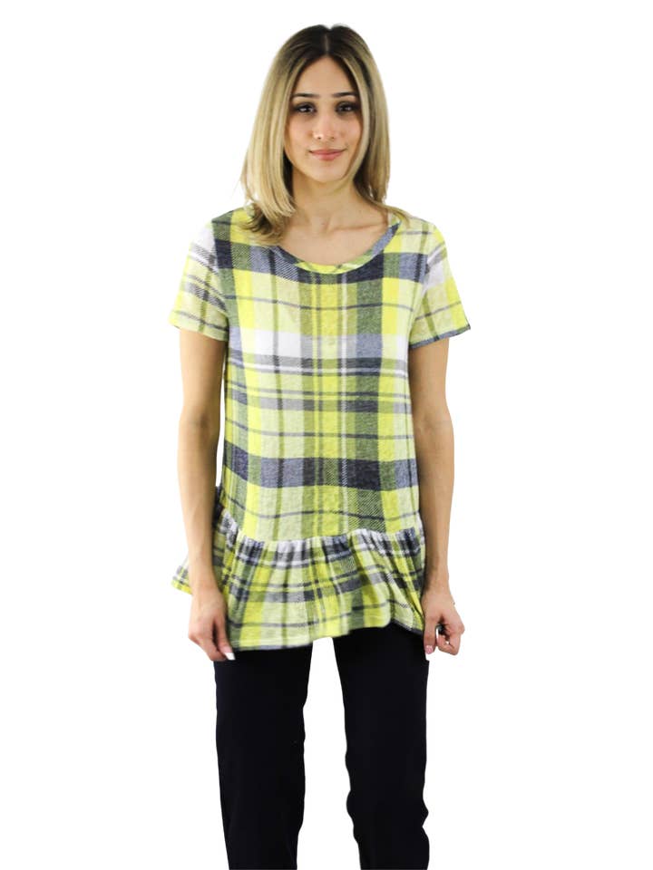 CORNER 123, Wholesale Women's Clothing – wholesale Blus - Dam – Gul rutig blus med falska kjol