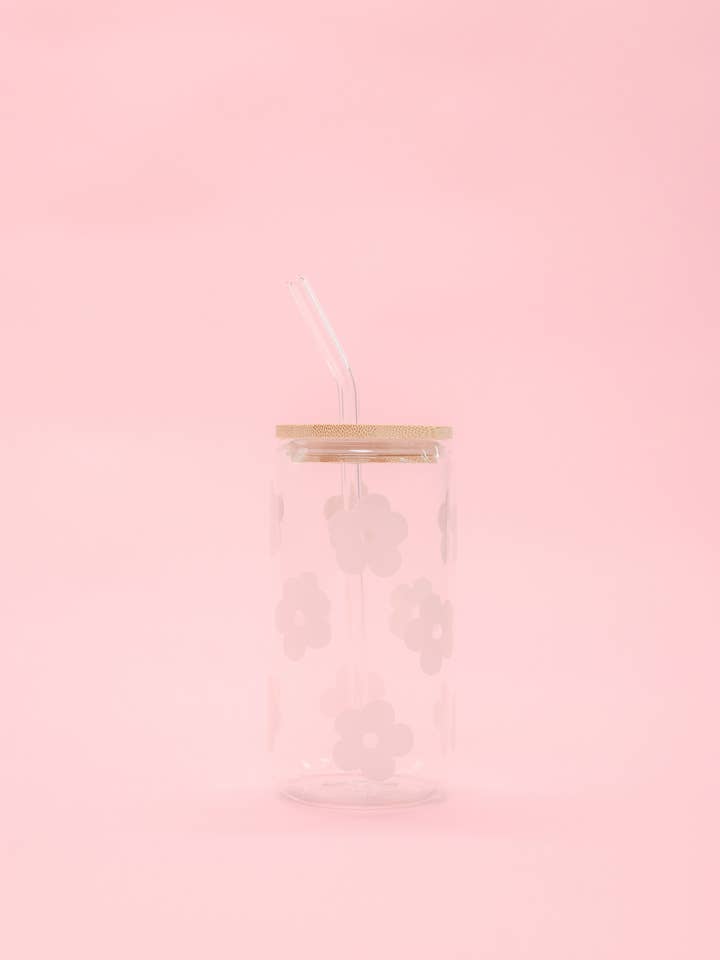 Pink Flower Beer Latte Glass With Lid & Straw for wholesale by Rock Paper Scissors