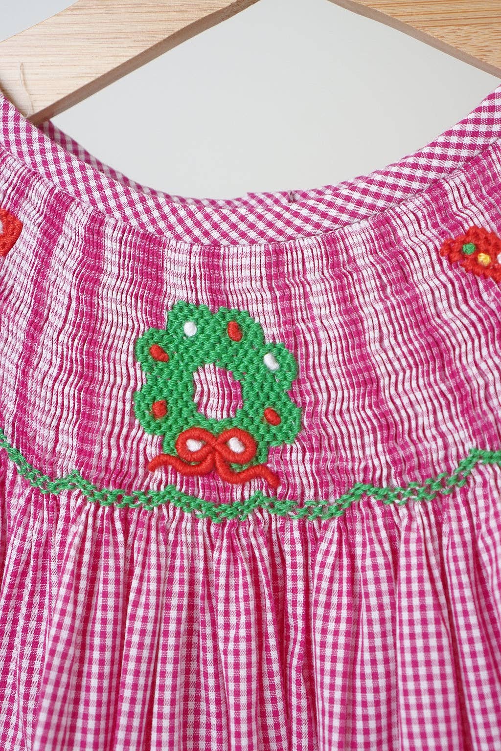 Mom & Co. - Wholesale Dress - Kids - Pink christmas joy hand smocked gingham dress1