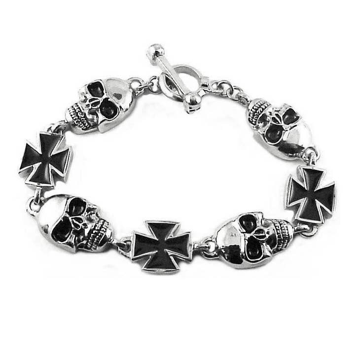 SK1370 Men's Skull Maltese Cross Bracelet Stainless Steel Heavy Metal jewelry for wholesale by Heavy Metal Jewelry