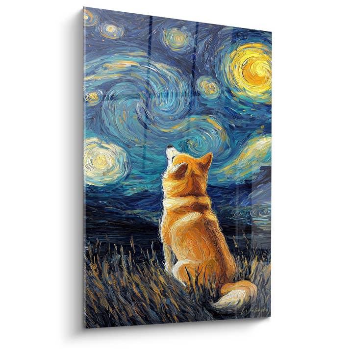 Tableau Shiba Inu Roux Contemplant un Ciel Étoilé Tourbillonnant - Nuit Cosmique - Edition Shiba Inu pour la vente par Walensky