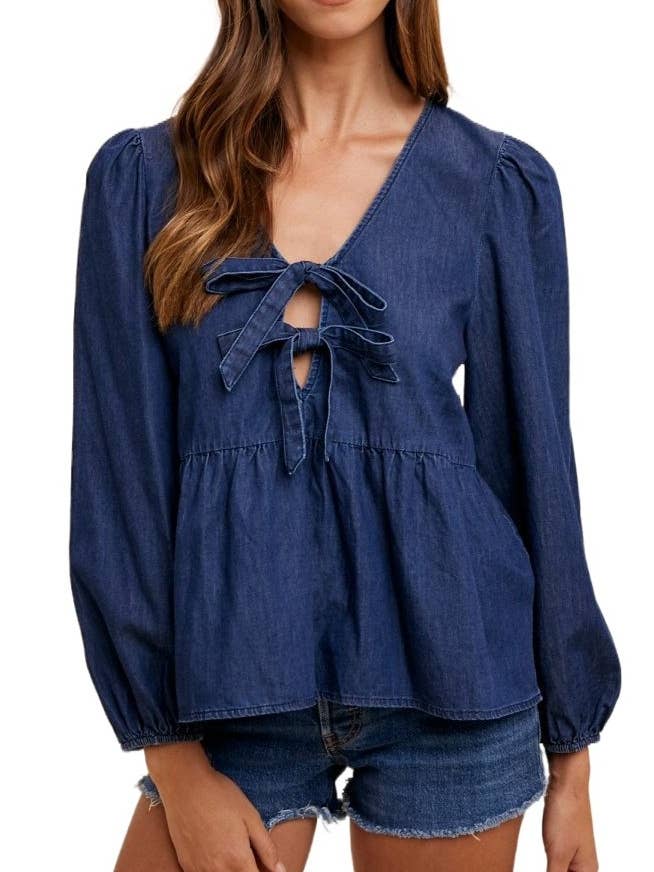 Blusa Peplum de Ganga com Laço Frontal por atacado de Vanilla Monkey