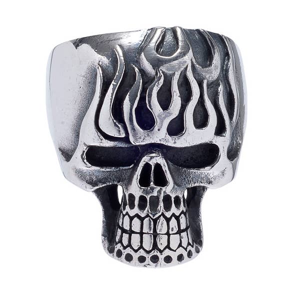 Stor silverring med flammande dödskallehuvud för wholesale av Midhaven Ltd - Tribal Steel
