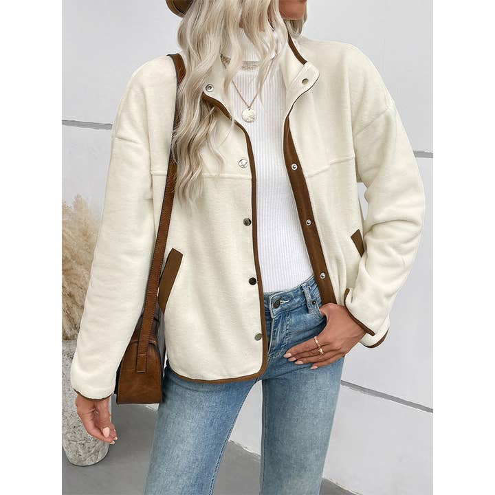 Apricot Retro Style Stand Collar Colorblock Fleece Jacket BFZY1712 for wholesale on Faire2