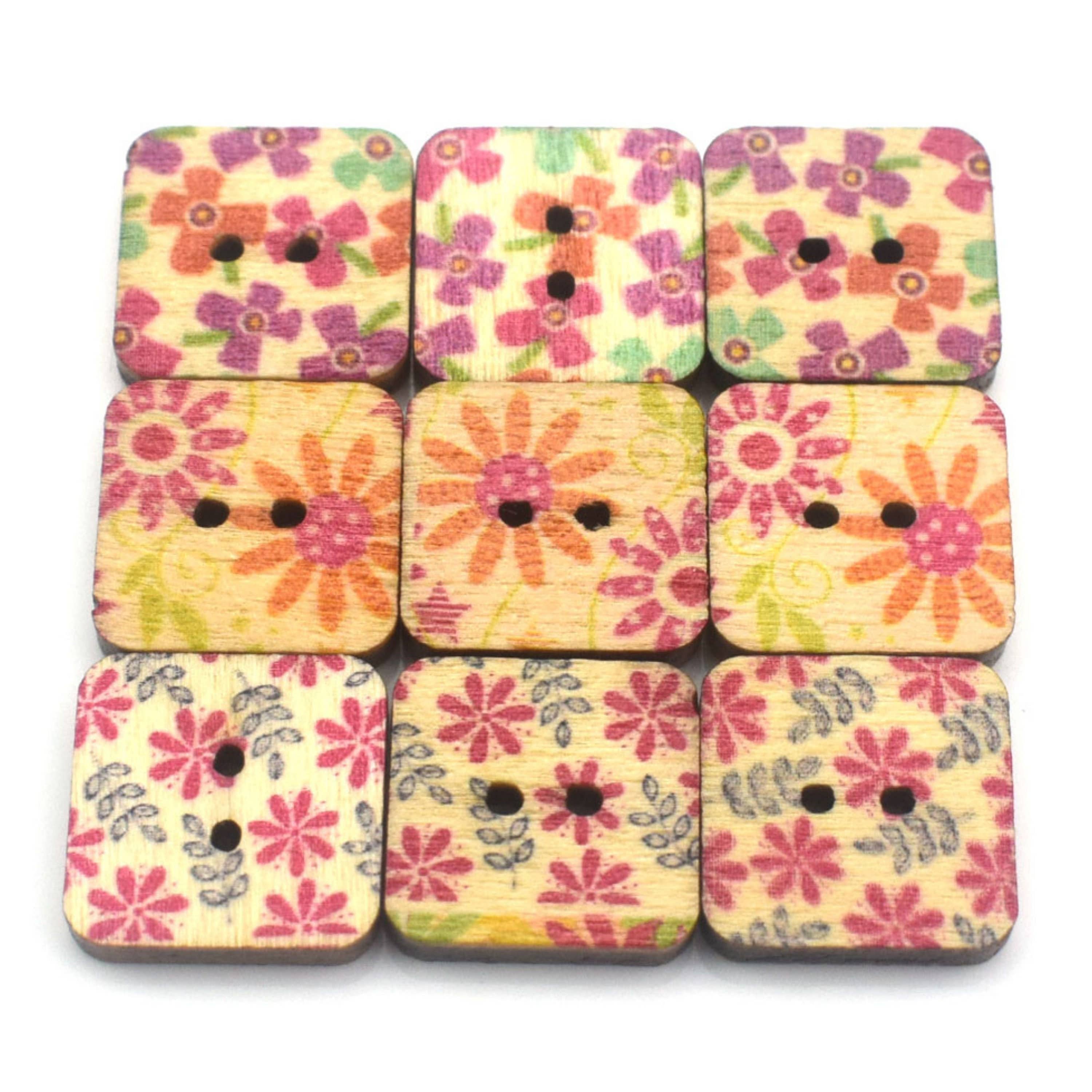 Magnifique Hearts – Botão de costura por atacado – Botões Quadrados Coloridos de Madeira com Estampa Floral3