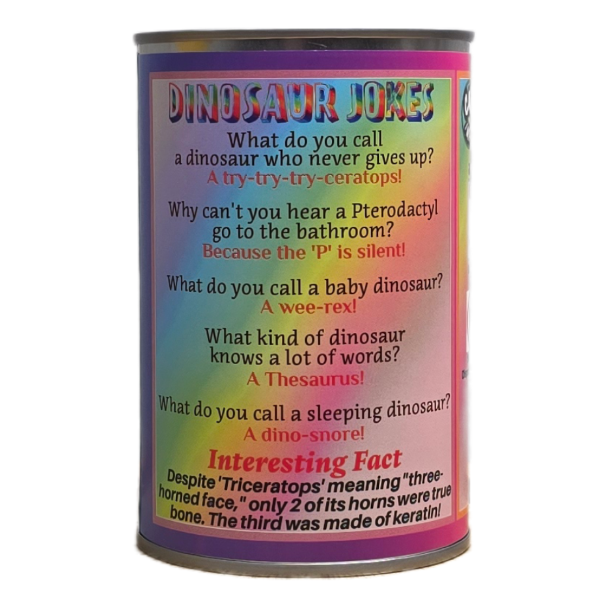 Canned Gifts – wholesale Stuffed/plush toy – Kids & baby – Trixie the Canned Rainbow Triceratops Dinosaur Plush w/Jokes2