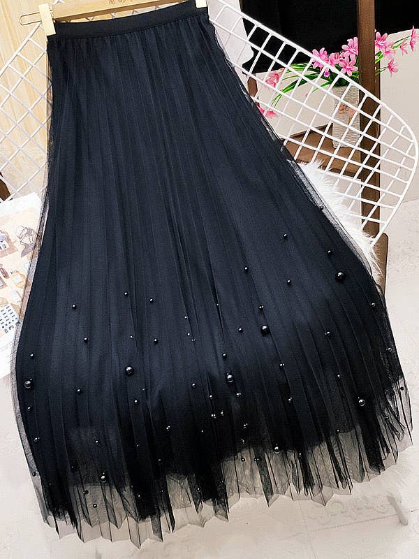 Fairy pleating mesh Skirt with vary size Pearls at hem (Black) for wholesale by Ellyndale