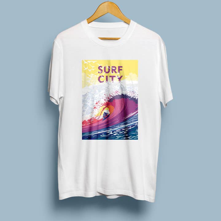 Landmark CA | T-shirt unisex a maniche corte Surf City per la vendita all'ingrosso da parte di Legendary Landmark Art Prints