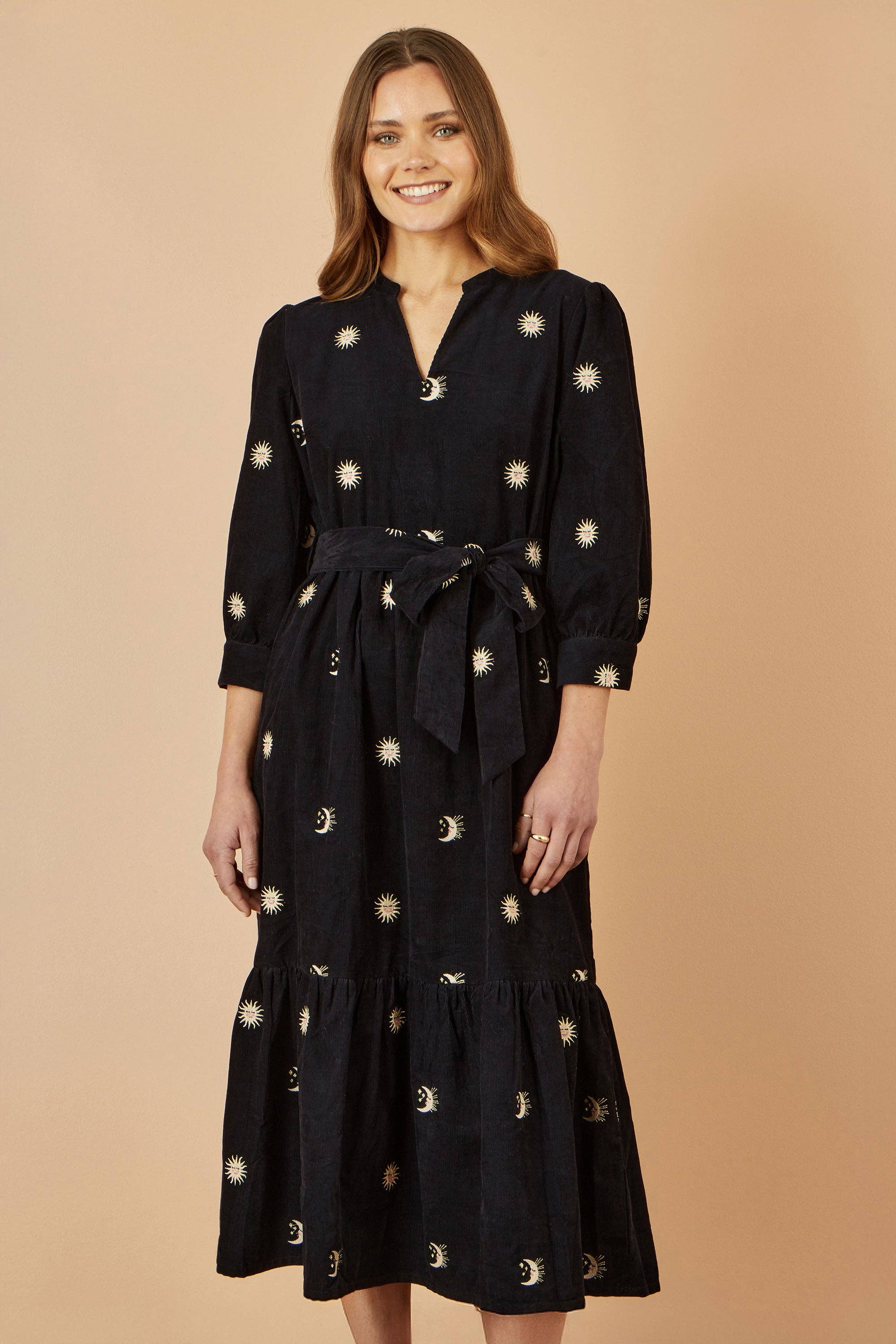 Yumi Black Cosmic Embroidery Cord Midi Shirt Dress for wholesale on Faire2