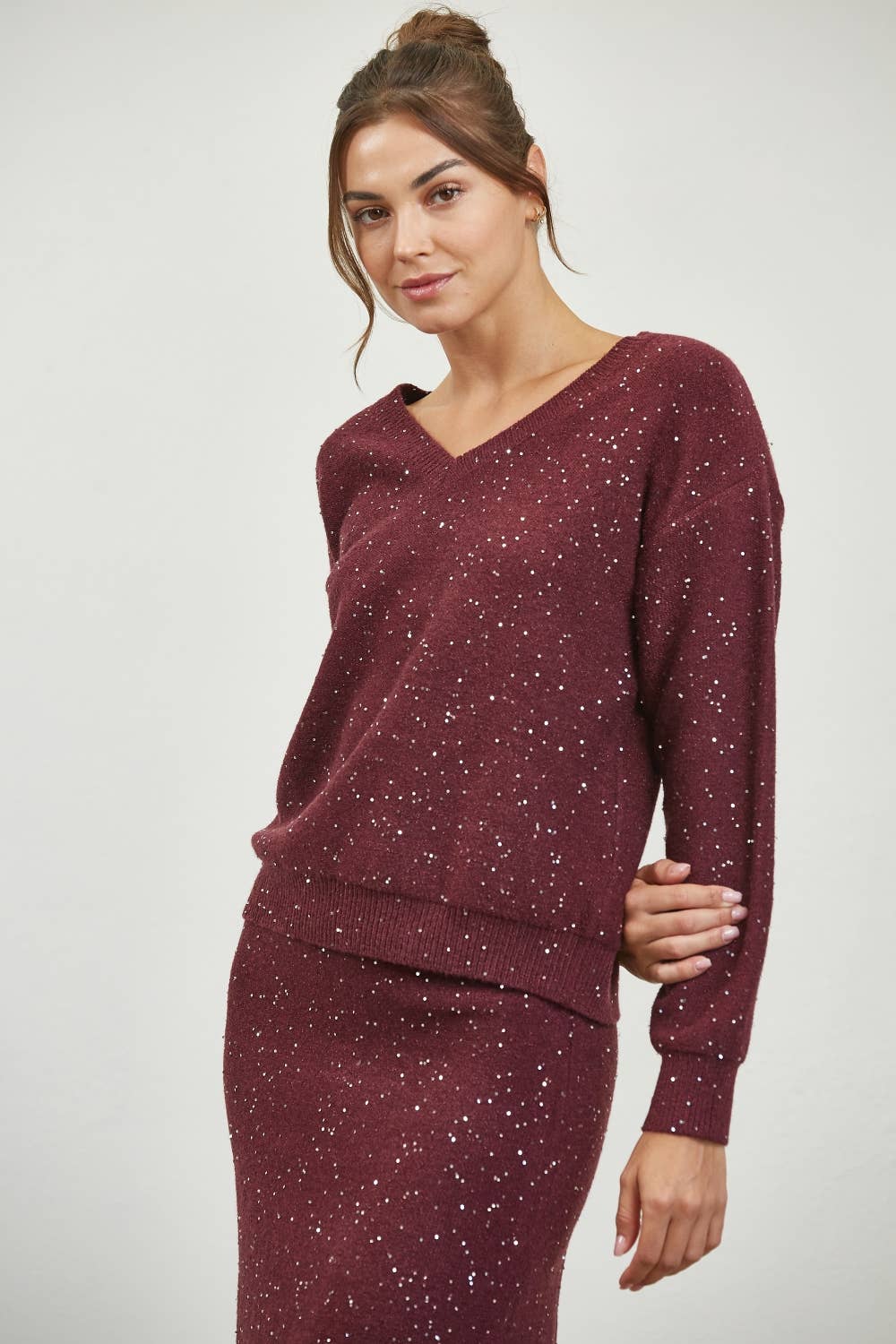 Edit by Nine - Vente Pull en maille – femme - Haut à col en V mélangé à sequins6