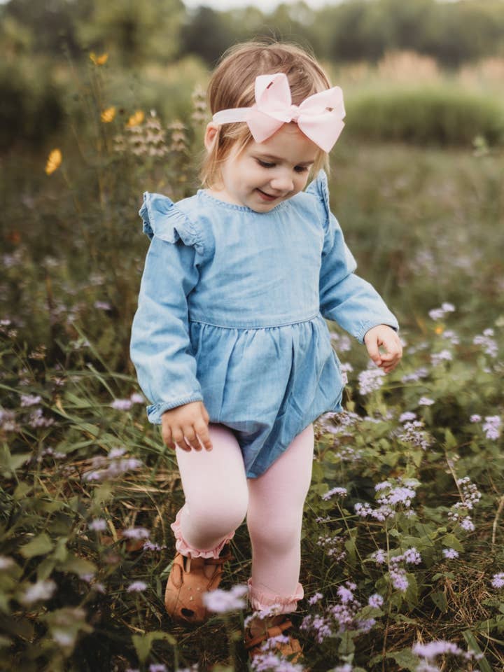 Blue Baby Girls Light Wash Denim Long Sleeve Flutter Bubble Romper
for wholesale on Faire4