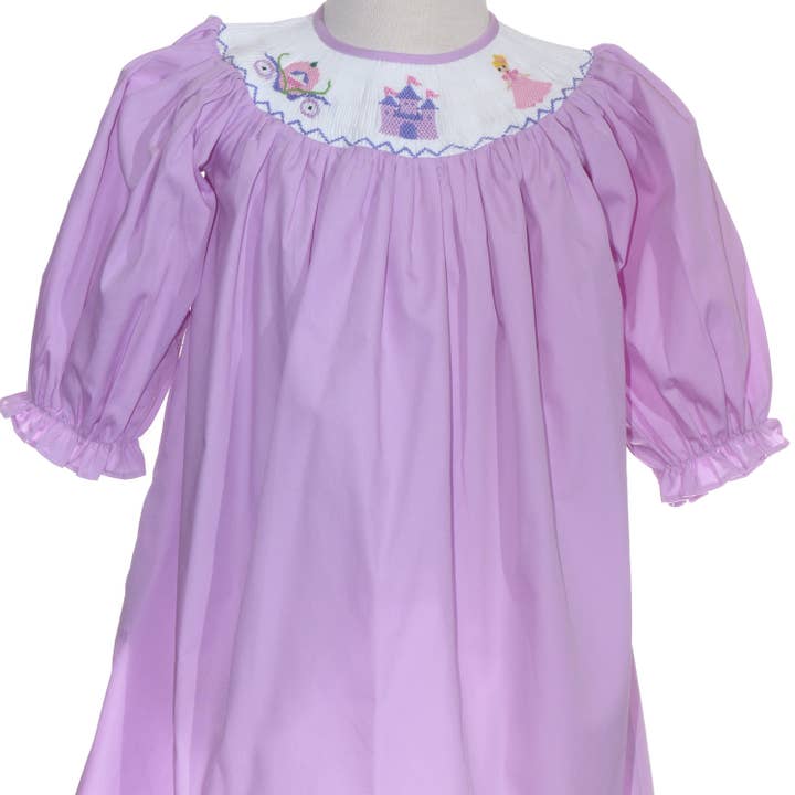 Purple Princess Smocked Long Sleeve Bishop Dress for wholesale by Hello Bebes!