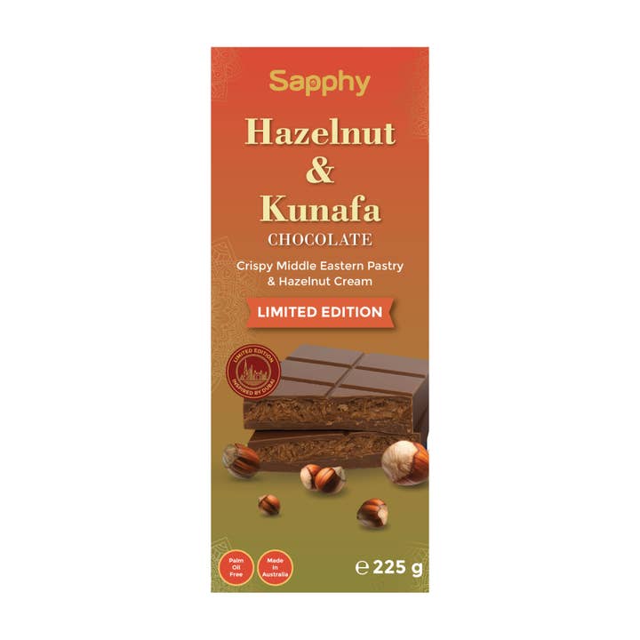 Sapphy Premium Hazelnut & Kunafa Chocolate Bar – 225g | Crispy Middle Eastern Pastry & Creamy Hazelnut Filling – Limited Edition, Palm Oil Free for wholesale by Sapphy