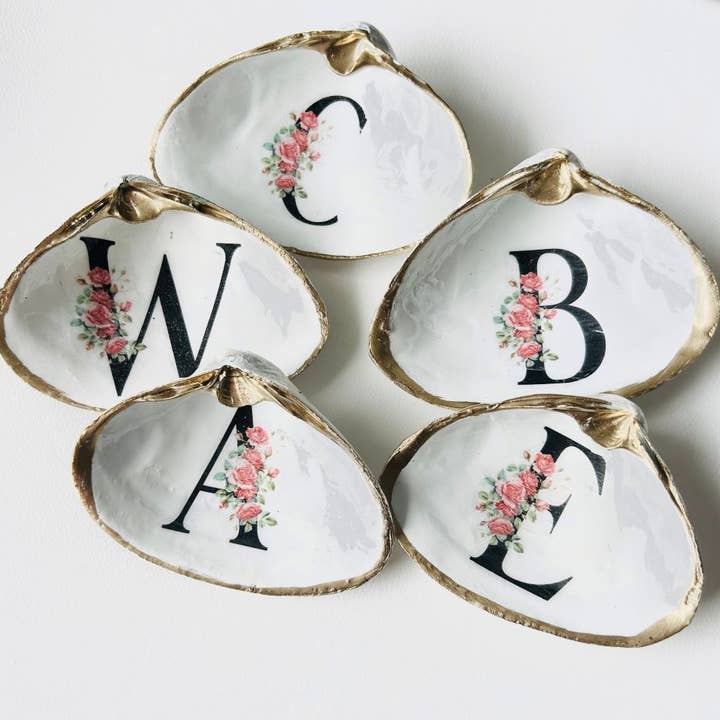 Floral initial shell dish for wholesale by Lulushells