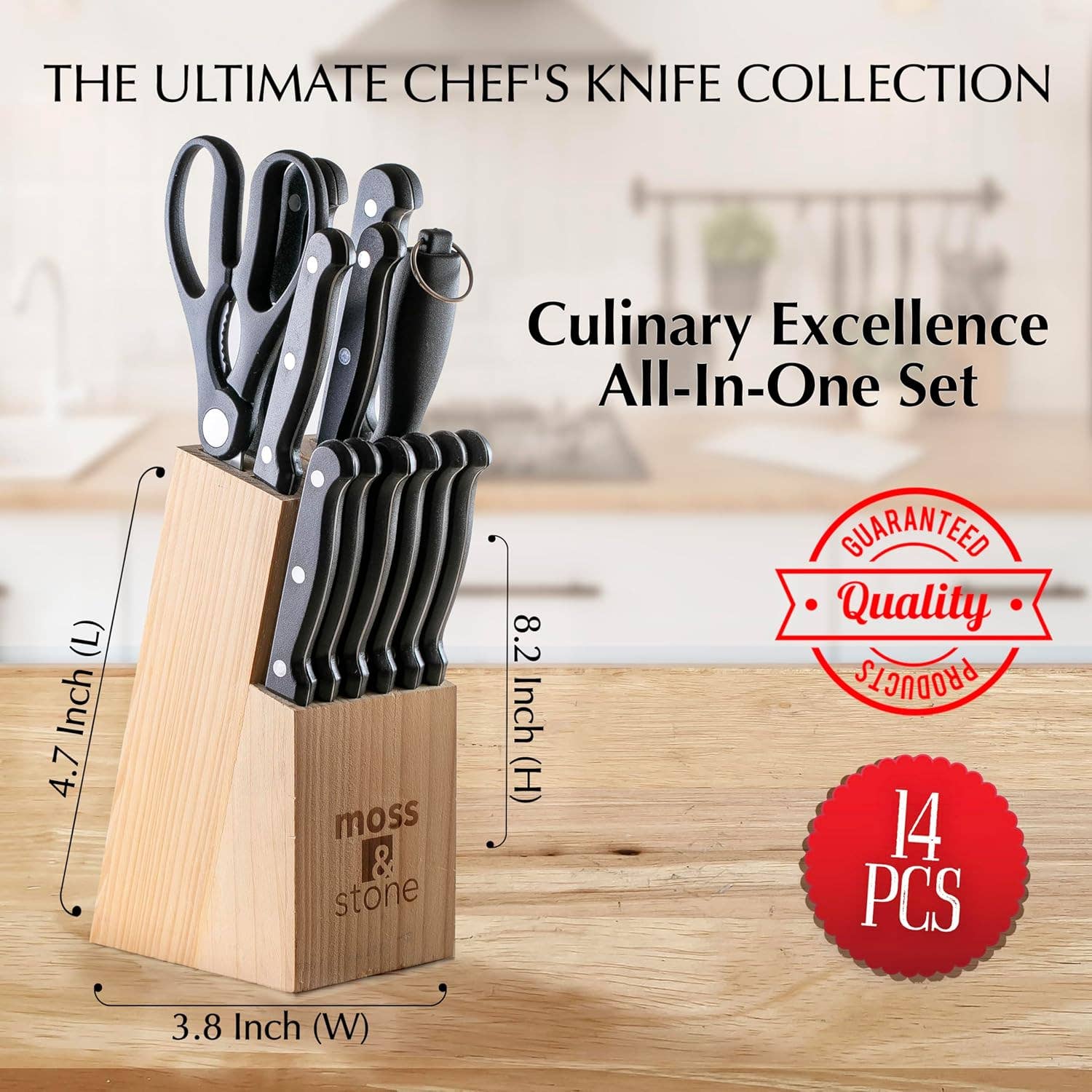 Moss & Stone - Wholesale Knife Set - 14-piece Knife Block Set, Stainless Steel Knife Set, Premium Kitchen knives Set With High-Carbon Stainless Steel Blades And Wooden Block Set, Cutlery Knife Set, 14 Pcs Kitchen Knife Set3